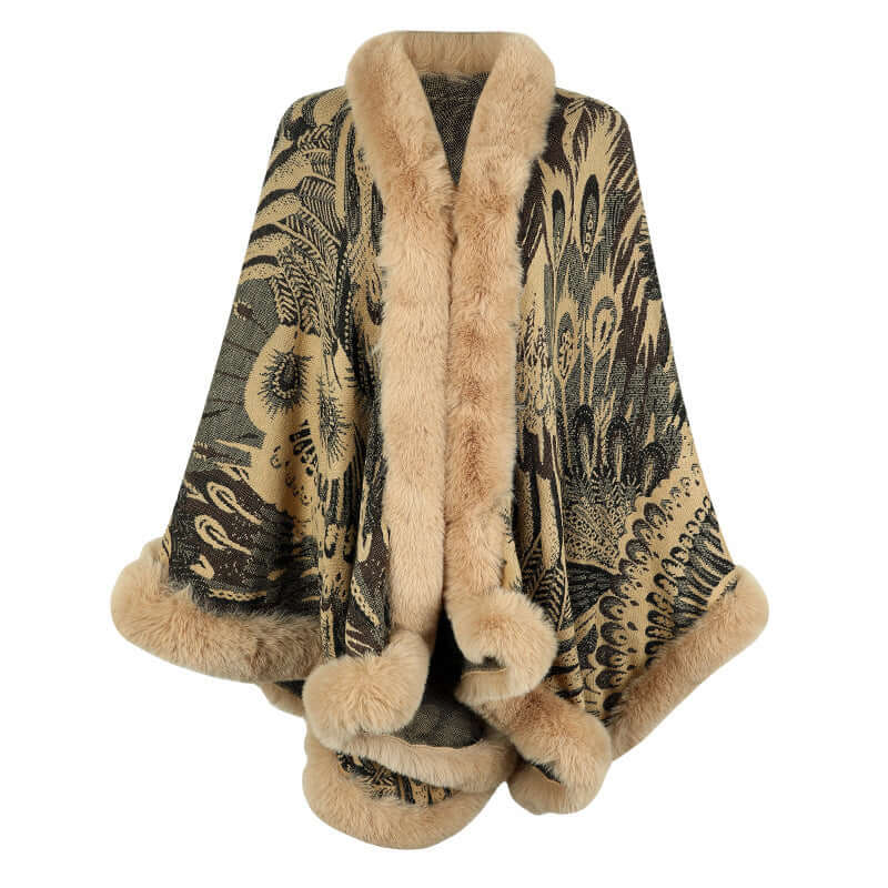 Elegant patterned shawl with faux fur trim, perfect for winter style and warmth in any outfit.