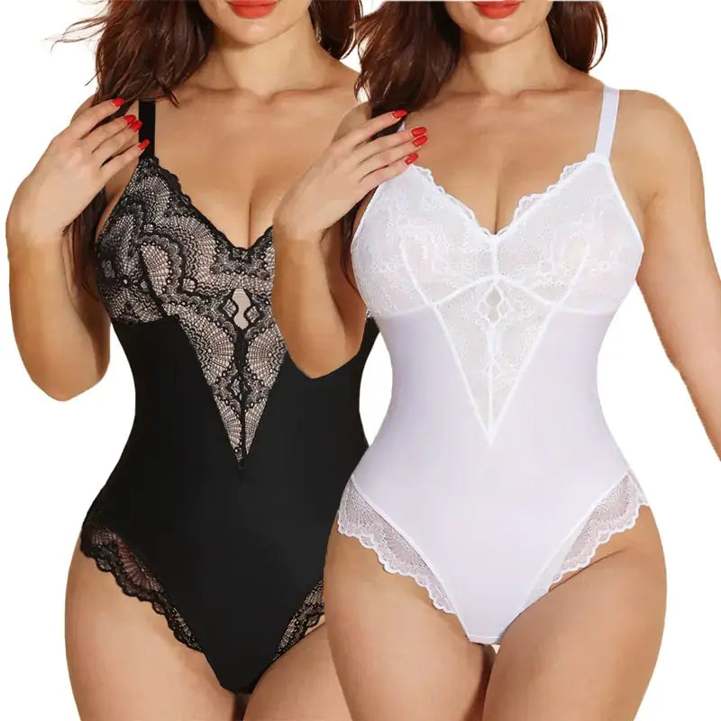 Lace shapewear bodysuit with delicate lace detailing, breathable fabric, adjustable straps, and targeted compression for a smooth, flattering fit.