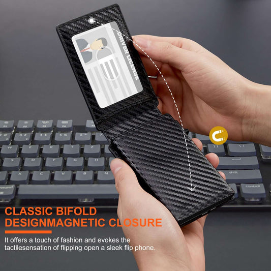 Person holding black carbon fiber Flip Card Holder Wallet with classic bifold design over a keyboard, showcasing its sleek and modern style.