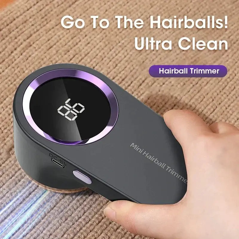 Compact fabric shaver with stainless steel six-leaf cutter, removes hairballs and lint, three intensity levels for different fabrics.