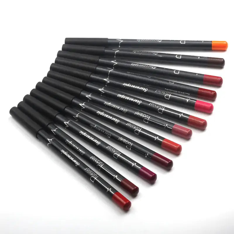 12 Colors Lip Liner Pencil set with nude matte, moisturizing, waterproof, and long-lasting shades for flawless lip makeup.